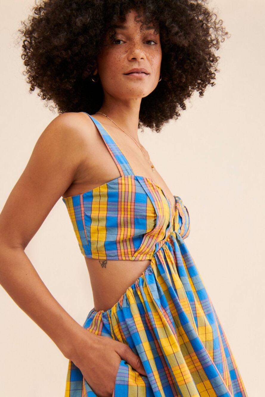 Free People Bridget Plaid Cutout Mini Dress Yellow Blue Size Small